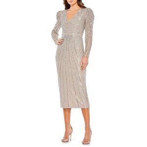 Mac Duggal Size 6 Taupe 93676 Beaded Long Sleeve V-Neck Midi Cocktail Dress
